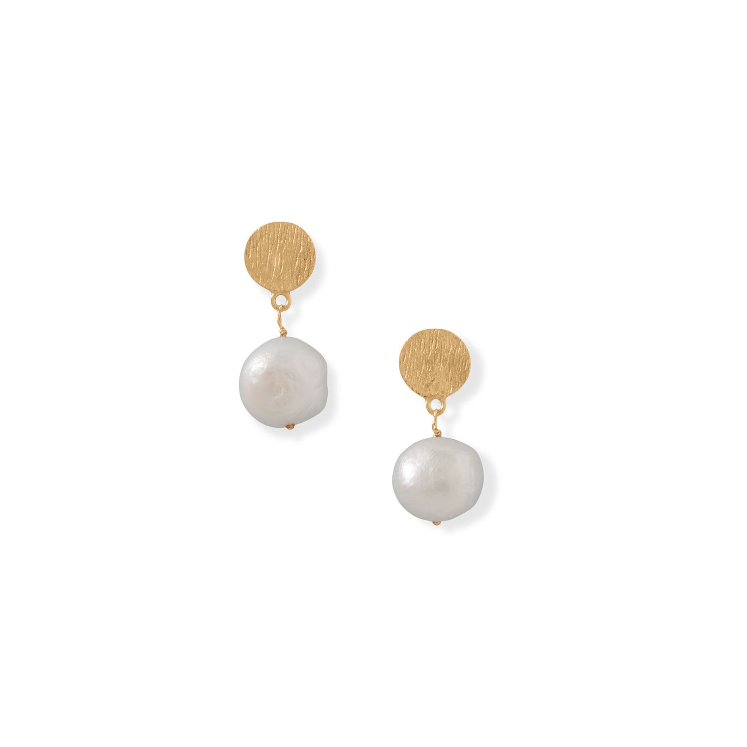 Credo gold brushed stud earrings with cultured freshwater  Gold Disk Natural Pearl — Post Earrings display picture 1