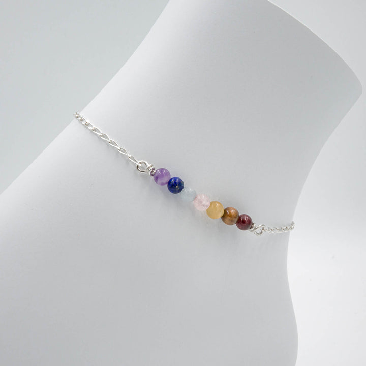 Earth Song Jewelry Handmade Seven Chakra Stone Sterling Silver Anklet for Women or Men view on ankle model