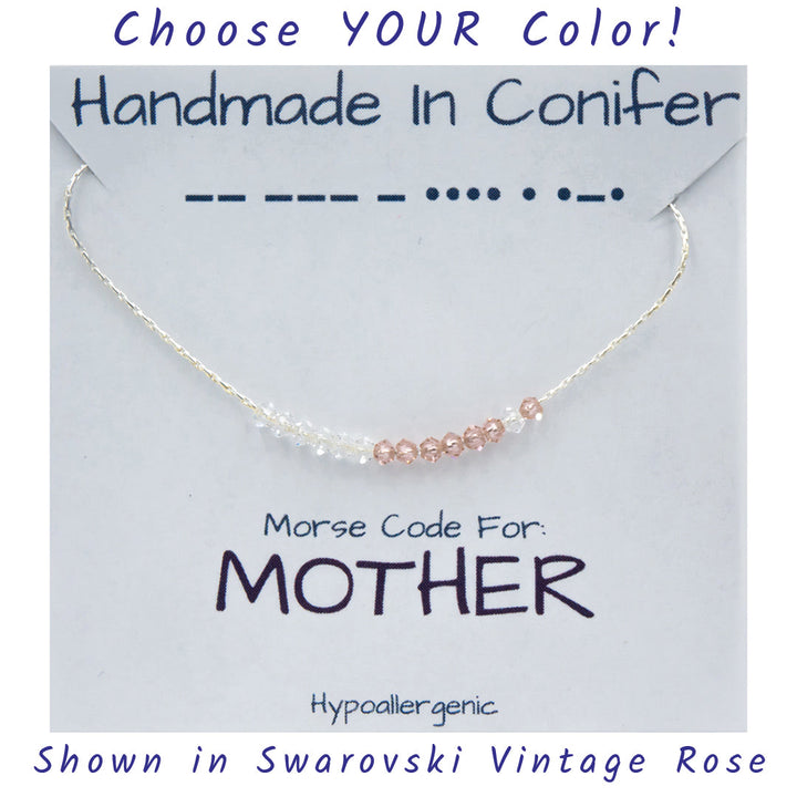 Handmade Custom MOTHER Morse Code Sterling Silver Necklace Personalized by Earth Song Jewelry shown in Swarovksi Vintage Rose crystal shown on the product card
