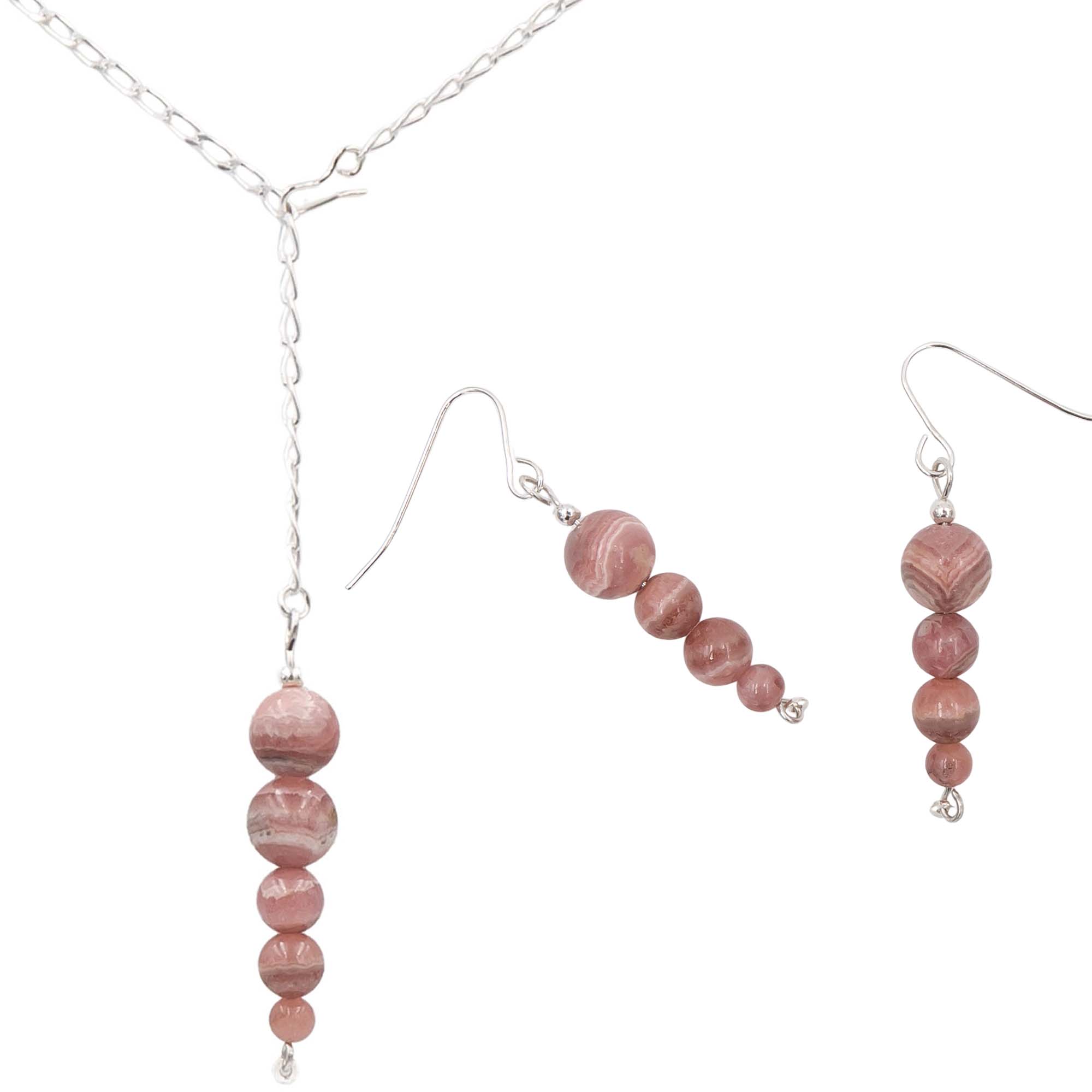 Native American Rhodochrosite Sterling Silver Lariat Necklace and Earring Set | Larry Kaye