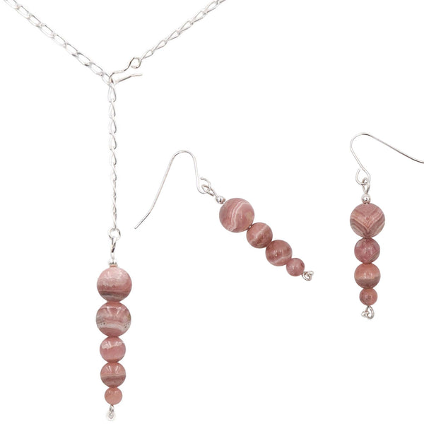 Earth Song Jewelry Handmade Porcelain Rhodochrosite Sterling Silver Lariat Necklace & Earrings Set- Eco-Friendly Jewelry handmade in Colorado, USA