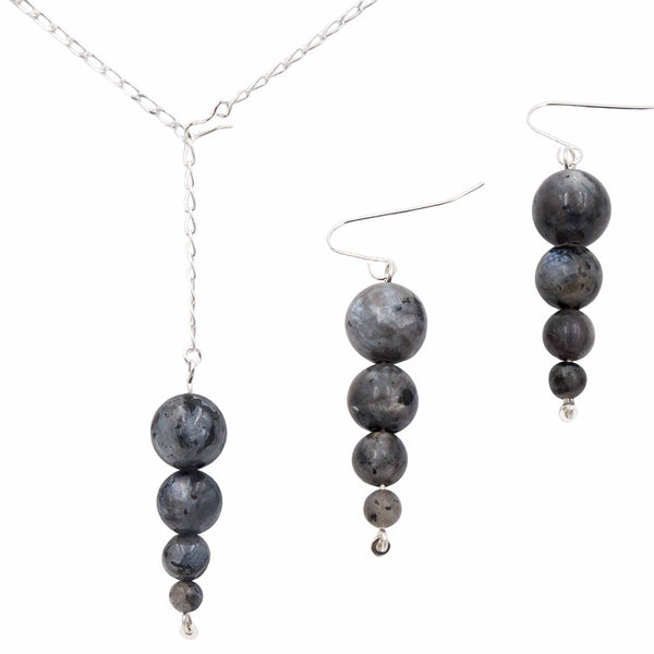 Earth Song Jewelry Black Moonstone Larvikite Lariat Necklace & Earring Set - Eco-Friendly Handmade In Colorado, USA