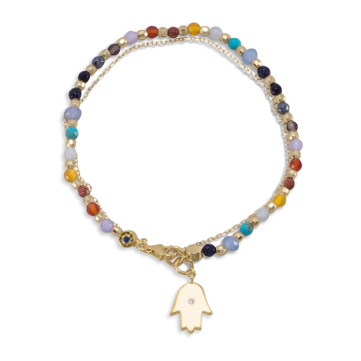 Earth Song Jewelry Double Strand 14 Karat Gold Plated Chakra Stone Bracelet with Hamsa Charm