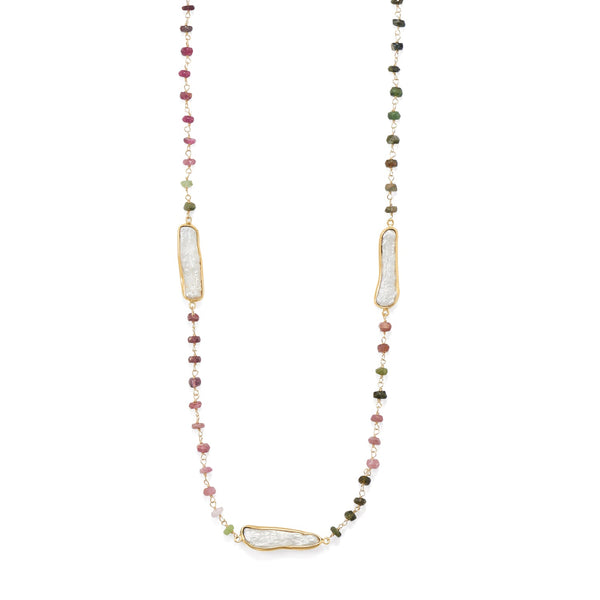 Earth Song Jewelry 24" 14 Karat Gold Plated Tourmaline and Cultured Freshwater Pearl Necklace