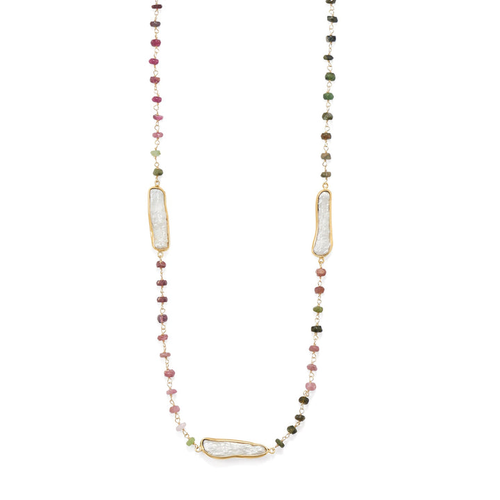 Earth Song Jewelry 24" 14 Karat Gold Plated Tourmaline and Cultured Freshwater Pearl Necklace