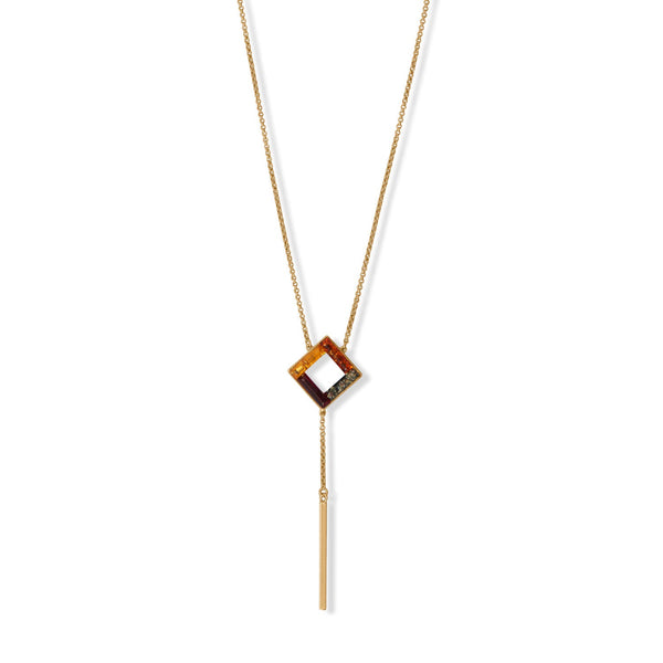 Earth Song Jewelry 24 Karat Gold Plated Square Multi Color Baltic Amber Drop Necklace