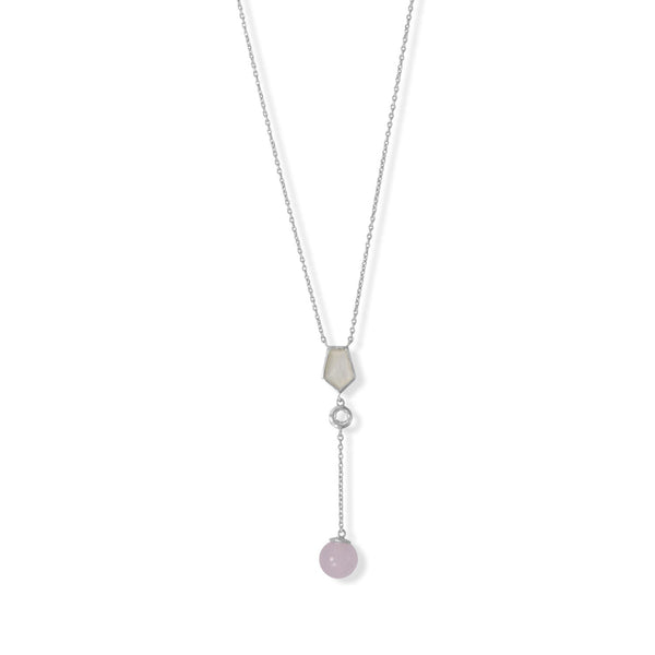 Earth Song Jewelry 16" + 2" Rhodium Plated Mother of Pearl, Clear Quartz and Rose Quartz Necklace