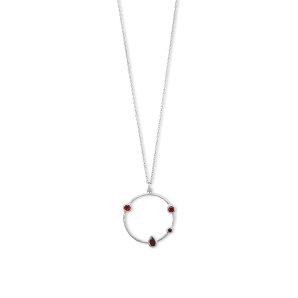 Earth Song Jewelry 16" + 2" Rhodium Plated Garnet and Hammered Circle Necklace