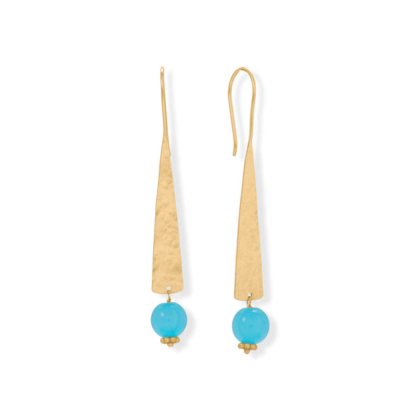 Earth Song Jewelry 14 Karat Gold Plated Long Hammered Aqua Chalcedony Earrings