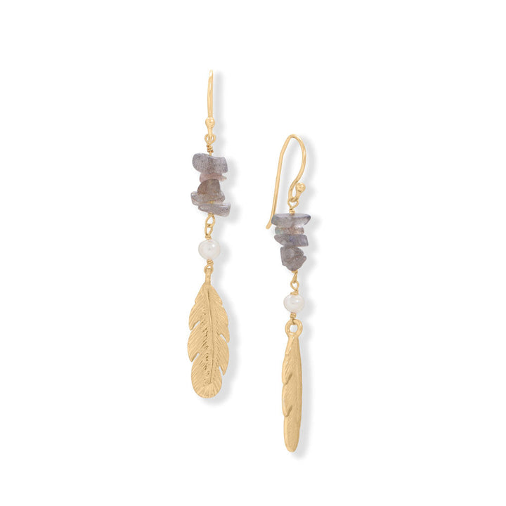 Earth Song Jewelry Cultured Freshwater Pearl and Labradorite Feather Earrings