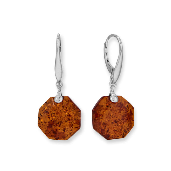 Earth Song Jewelry Rhodium Plated Octagon Baltic Amber Lever Earrings