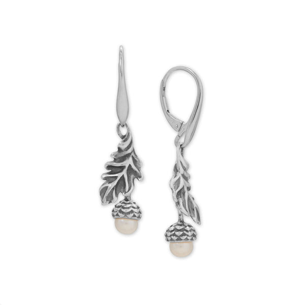 Earth Song Jewelry Cultured Freshwater Pearl Acorn and Leaf Lever Earrings