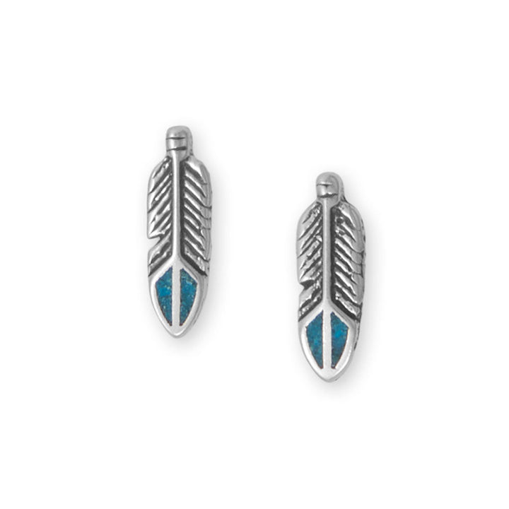 Earth Song Jewelry Oxidized Turquoise Chip Inlay Feather Stud Earrings