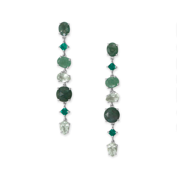 Earth Song Jewelry Rhodium Plated Green Multi Stone Long Drop Earrings