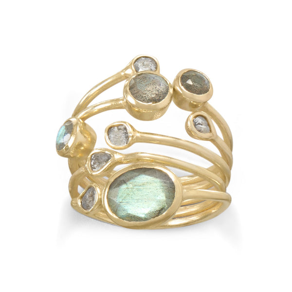 Earth Song Jewelry 14 Karat Gold Plated Polki Diamond and Labradorite Multi-Row Ring