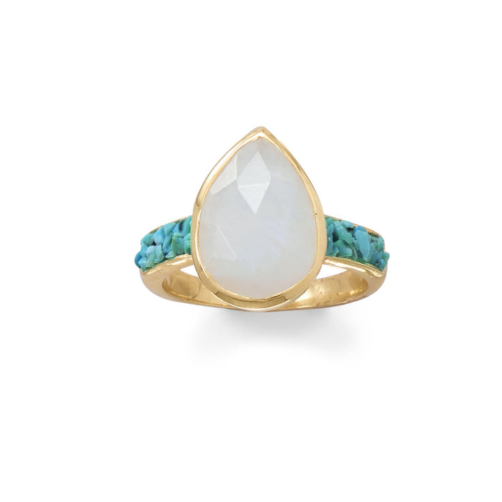 Earth Song Jewelry 14 Karat Gold Plated Rainbow Moonstone and Crushed Turquoise Ring