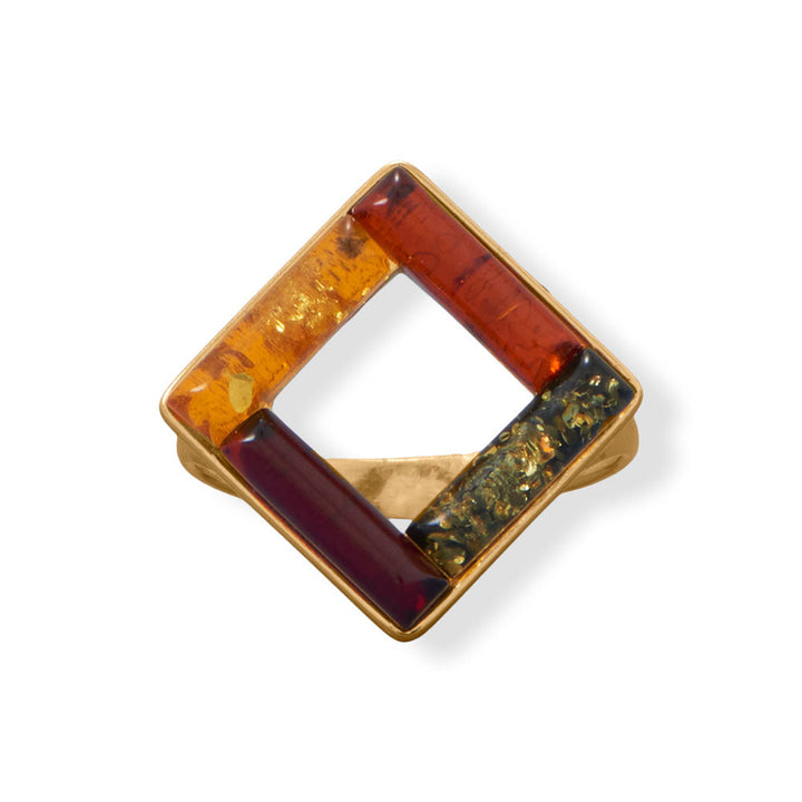 Earth Song Jewelry 24 Karat Gold Plated Square Multi Color Baltic Amber Ring