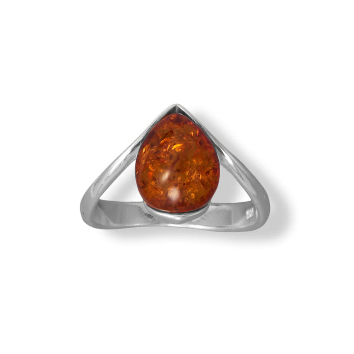 Earth Song Jewelry Polished Sterling Silver "V" with Pear Baltic Amber Ring