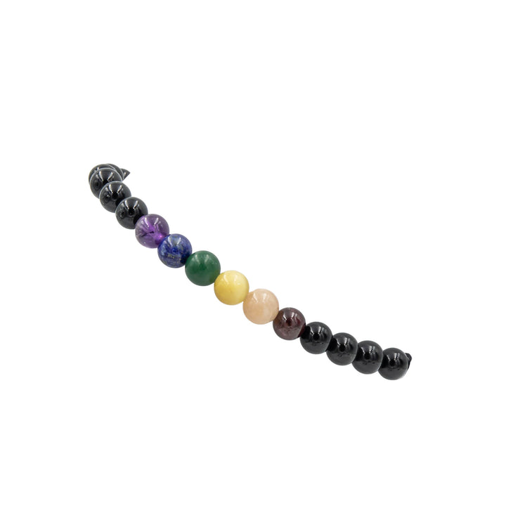 Earth Song Jewelry LGBTQ+ Rainbow Pride Stone Bracelet for men, women or kids around a wrist form.