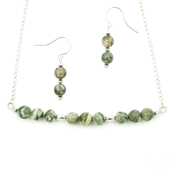 Earth Song Jewelry handmade sterling silver Rhyolite Rainforest Jasper Necklace and Earrings Set