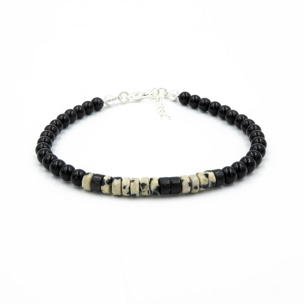 Ahimsa Morse Code Bracelet In Dalmatian Stone & Onyx