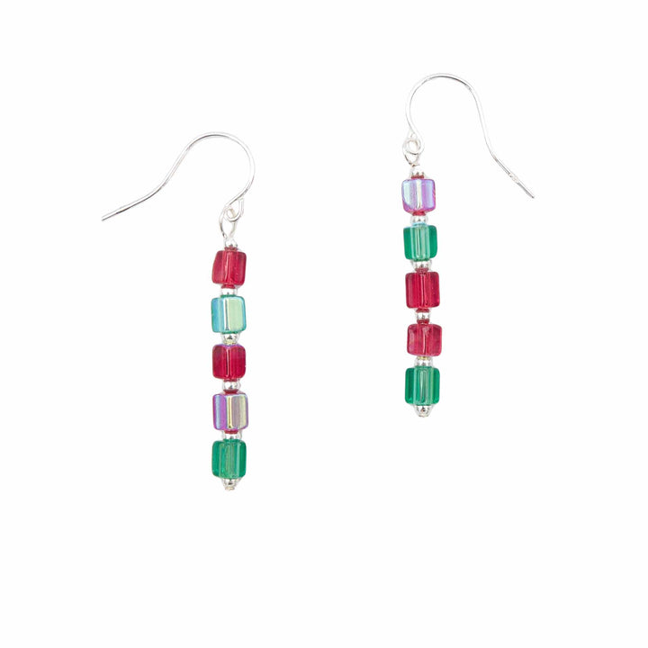 Earth Song Jewelry Red & Green Columns Sterling Silver Fire Polished Czech Glass Earrings