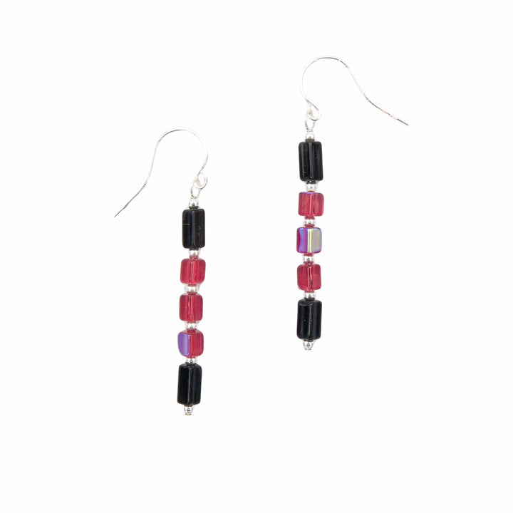 Earth Song Jewelry Red & Black Columns Sterling Silver Fire Polished Czech Glass Earrings