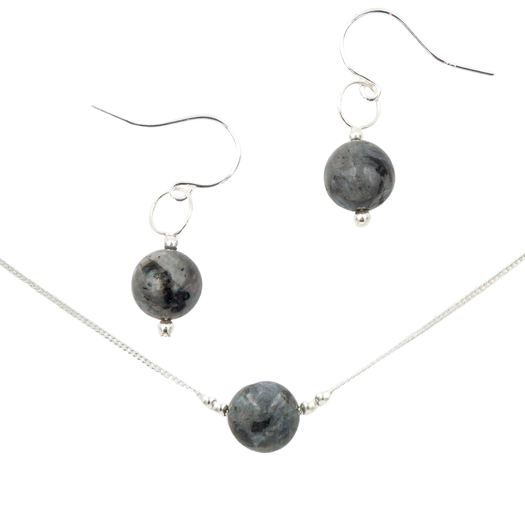 Earth Song Jewelry Black Moonstone Larvikite Sterling Silver Earrings & Necklace Set