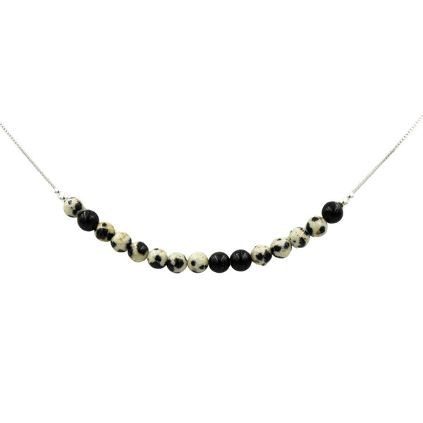 Ahimsa Morse Code Necklace In Dalmatian Stone & Onyx