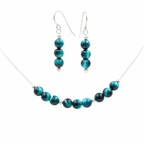 Earth Song Jewelry handmade Mystic Blue Tiger Eye Necklace & Earrings Set