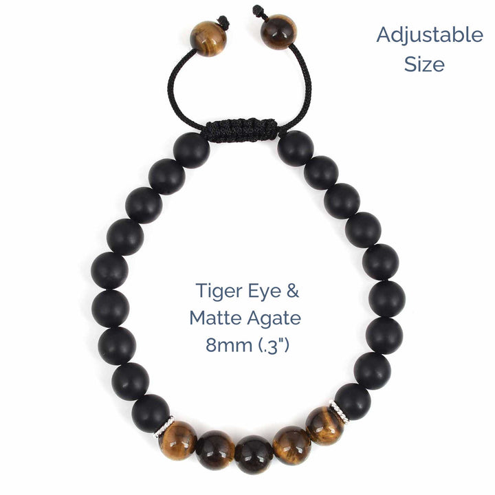 Earth Song Jewelry adjustable Tiger Eye and black agate bracelet sizing for men or women