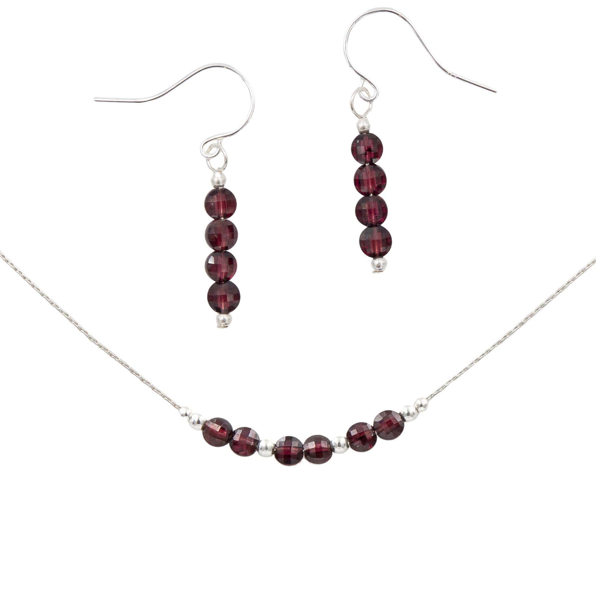 Earth Song Jewelry ~ Petite Red Garnets with Silver Beads ~ Sterling Silver Handmade Earrings &amp; Necklace Set
