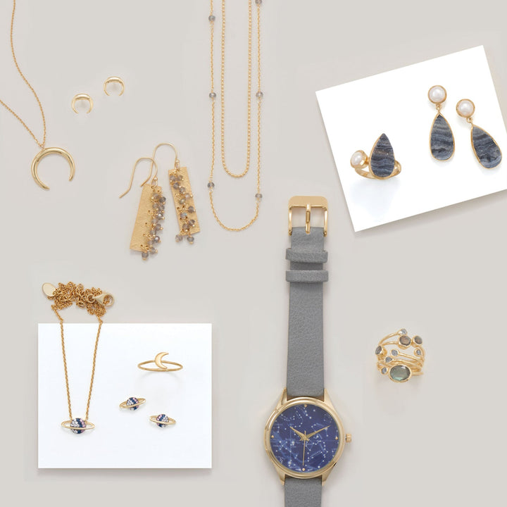 Earth Song Jewelry layout of gold labradorite jewelry