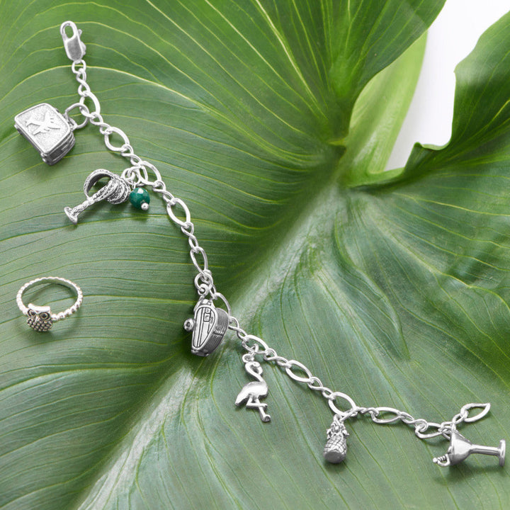 Earth Song Jewelry layout of sterling silver owl ring and charm bracelet