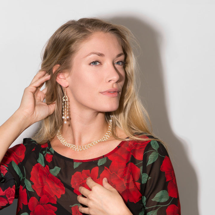 Earth Song Jewelry model wearing pearl multistrand gold necklace