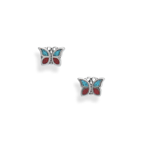 Earth Song Jewelry sterling silver Coral and Turquoise Chip Butterfly stud post Earrings
