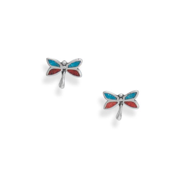 Earth Song Jewelry sterling silver Coral and Turquoise Chip Dragonfly stud post Earrings