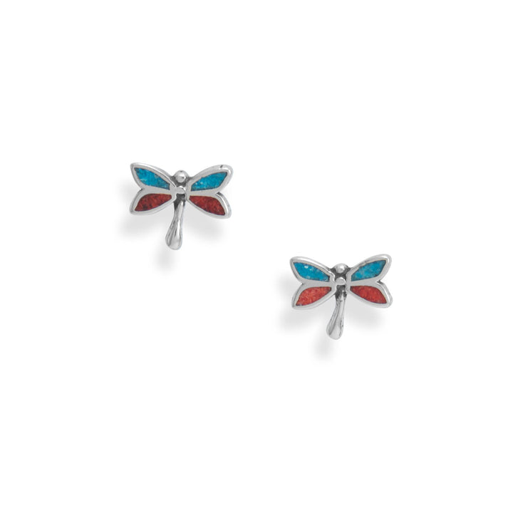 Earth Song Jewelry sterling silver Coral and Turquoise Chip Dragonfly stud post Earrings