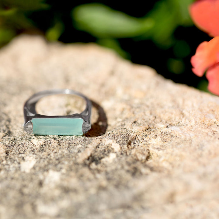 Earth Song Jewelry sterling silver bar chalcedony ring on rock