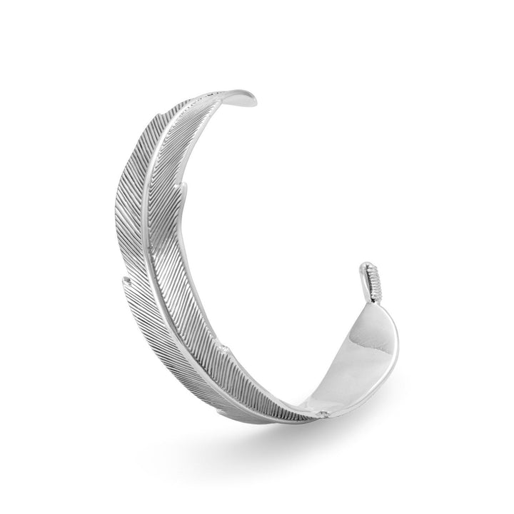 Earth Song Jewelry sterling silver feather cuff bracelet on end