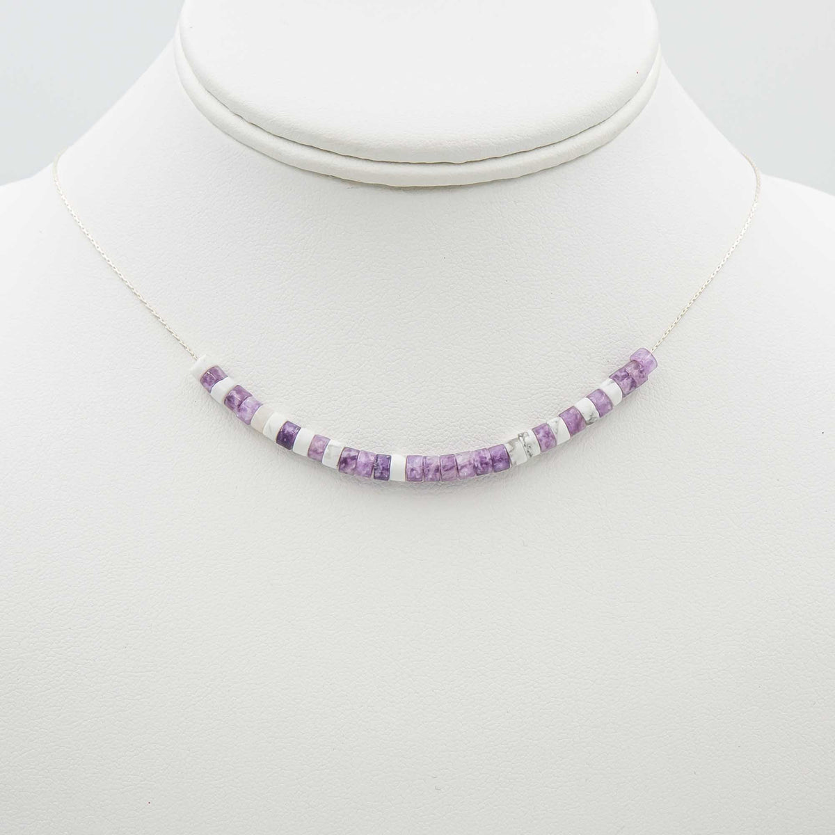 Earth Song Jewelry Custom Personalized CANCER SUCKS Morse Code Necklace in Sterling Silver and Lepidolite Natural Purple Stone for Women shown on the necklace bust