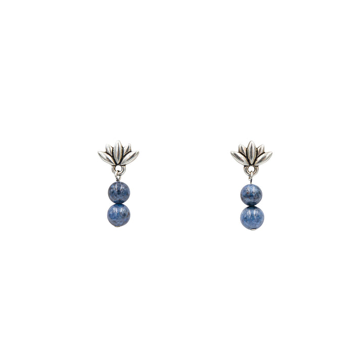 Earth Song Jewelry ~  Blue Dumortierite and lotus posts earrings hanging from a pair of dazzling silver lotus with titanium posts.