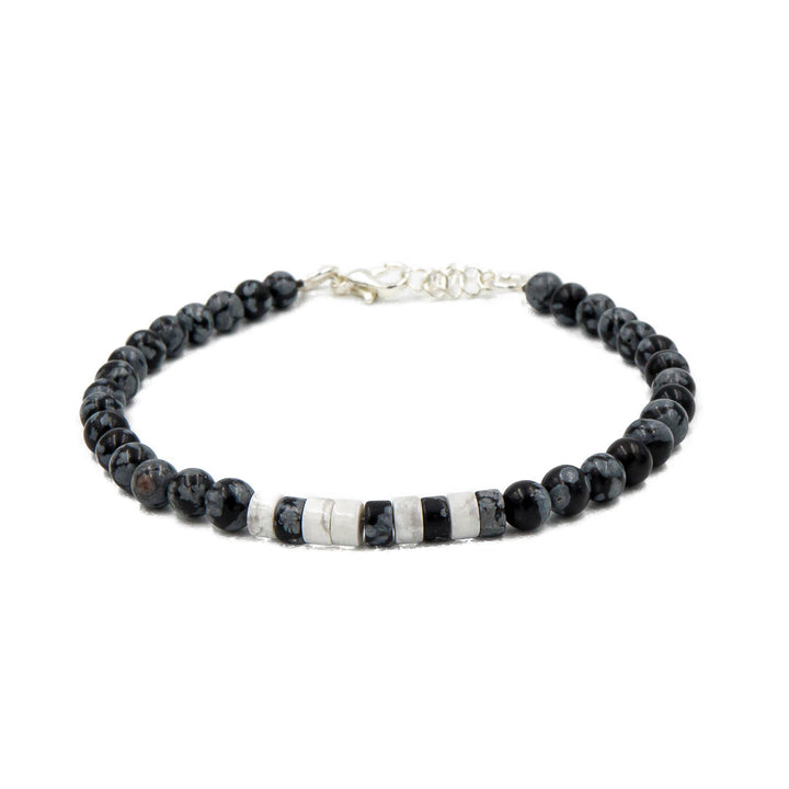 Taken Morse code bracelet in Snowflake Obsidian and Howlite natural stone for men, women and couples from Earth Song Jewelry