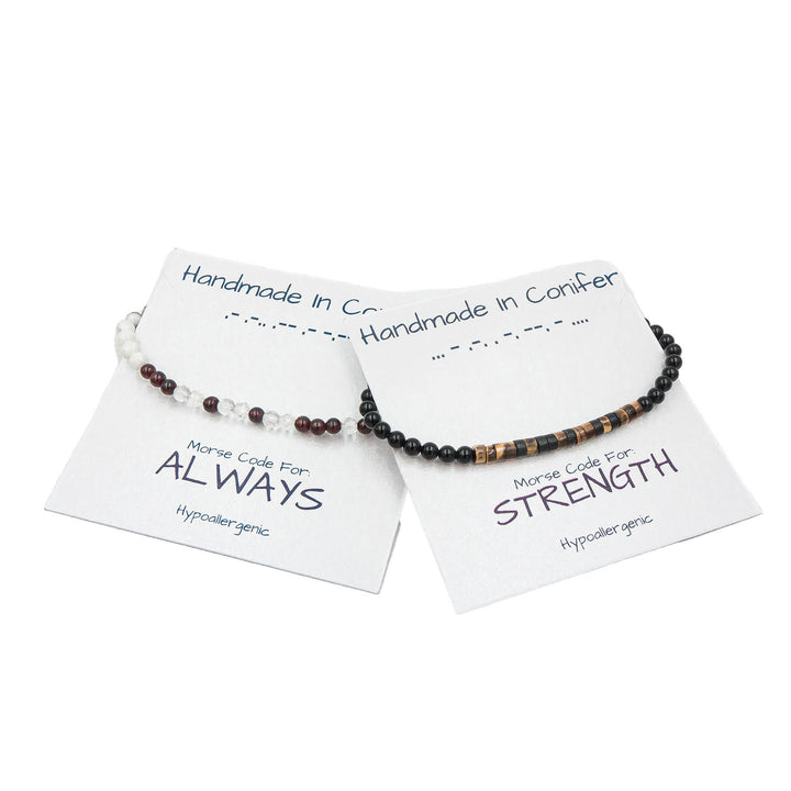 Earth Song Jewelry Handmade natural stone morse code custom personalized message bracelet on card