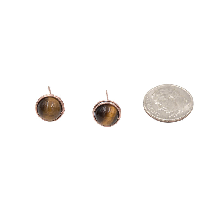Earth Song Jewelry ~ Copper Wrapped Tigereye Stud Post Earrings sizing with coin comparison