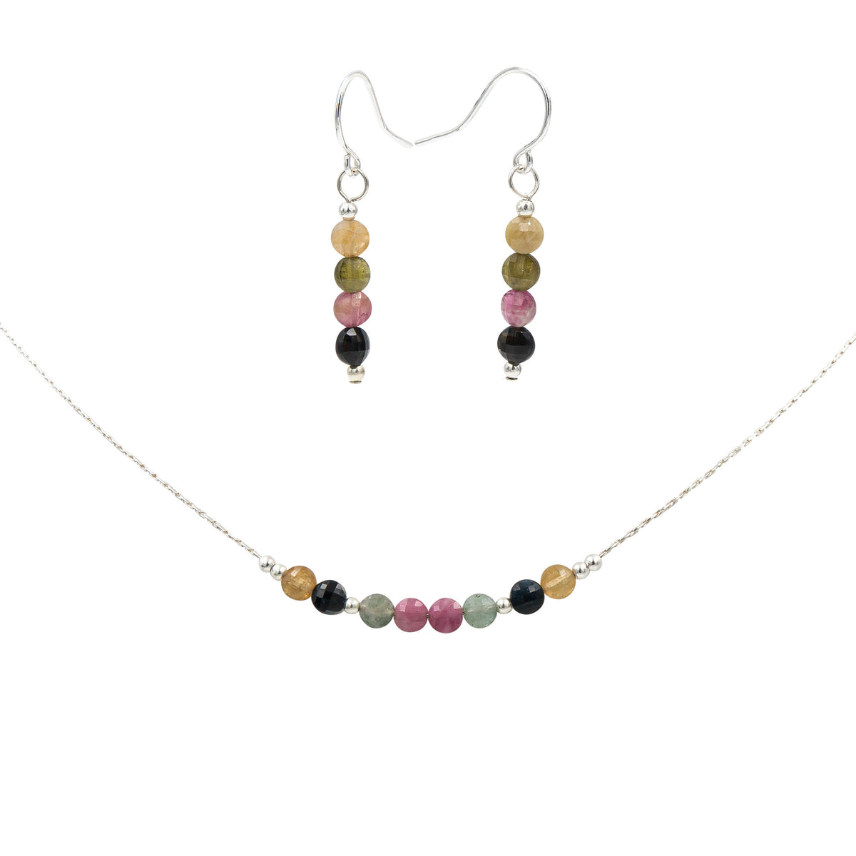 Earth Song Jewelry ~ Multicolor Tourmaline Natural Stone ~ Sterling Silver Handmade Necklace and Earrings Set