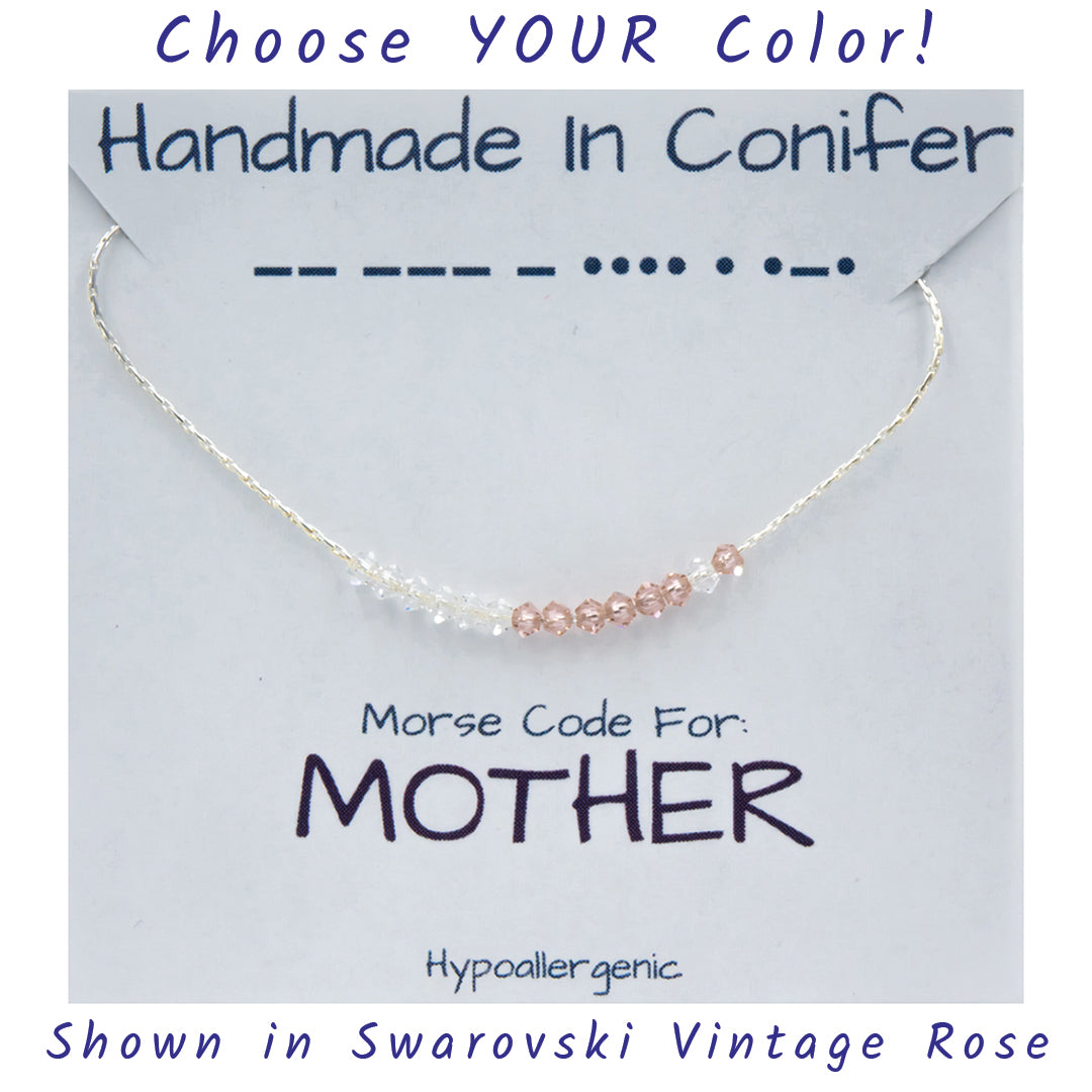 Handmade Custom MOTHER Morse Code Sterling Silver Necklace Personalized by Earth Song Jewelry shown in Swarovksi Vintage Rose crystal shown on the product card