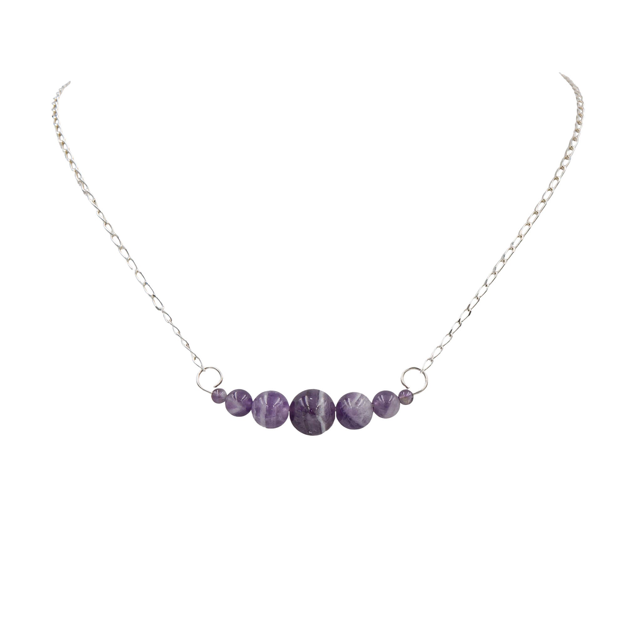 Earth Song Jewelry ~ Strikingly banded Amethysts in different sizes shine as they dangle from a sterling silver bar.