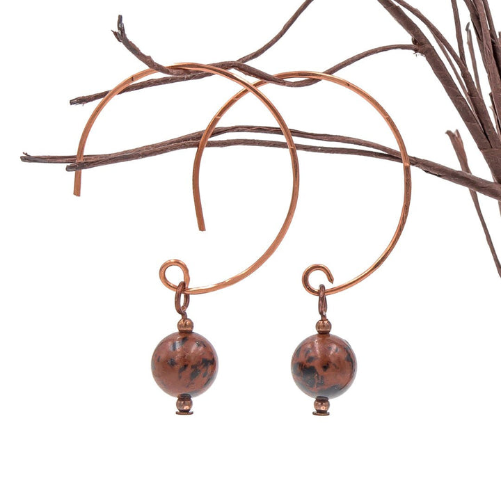 Earth Song Jewelry handmade Mahogany Obsidian Hoop Curves Copper earrings. 