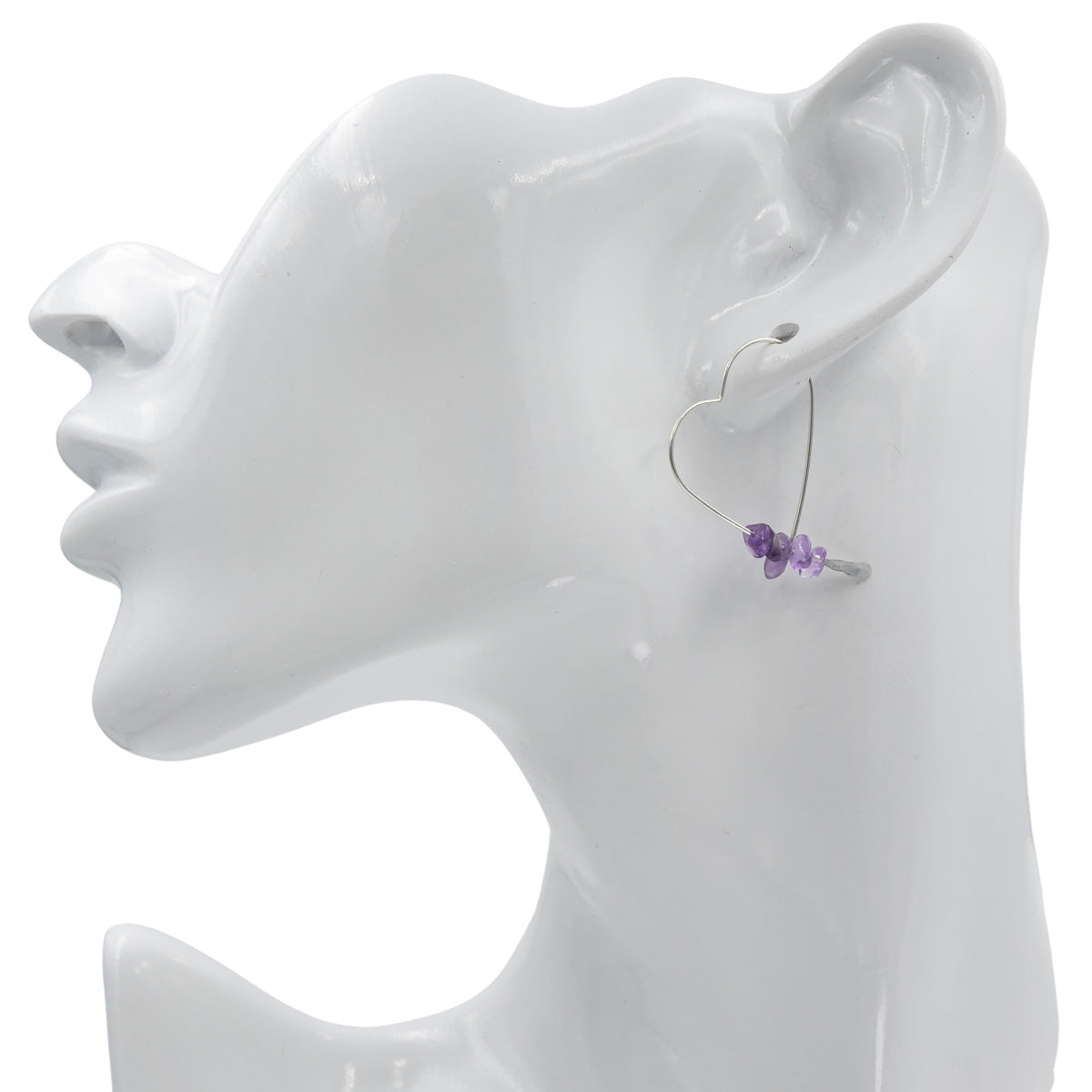 Earth Song Jewelry Handmade Sterling Silver Heart Earrings with Amethyst stones on mannequin head
